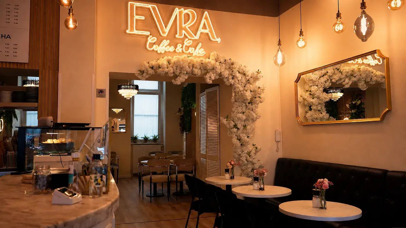 Cafe Evra Innenraum mit EVRA Leuchtschrift